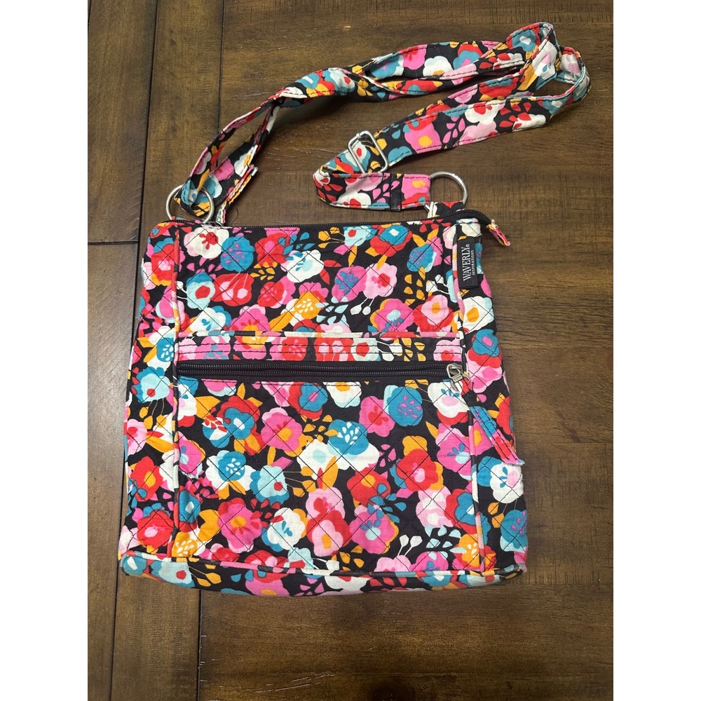 Waverly Inspirations Floral Quilted Crossbody Bag Black Pink‎ Blue Multi Pocket